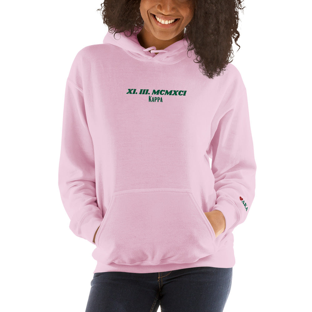 Alpha Kappa Alpha Embroidered Unisex Hoodie w/ crossing date and greek letters on wrist