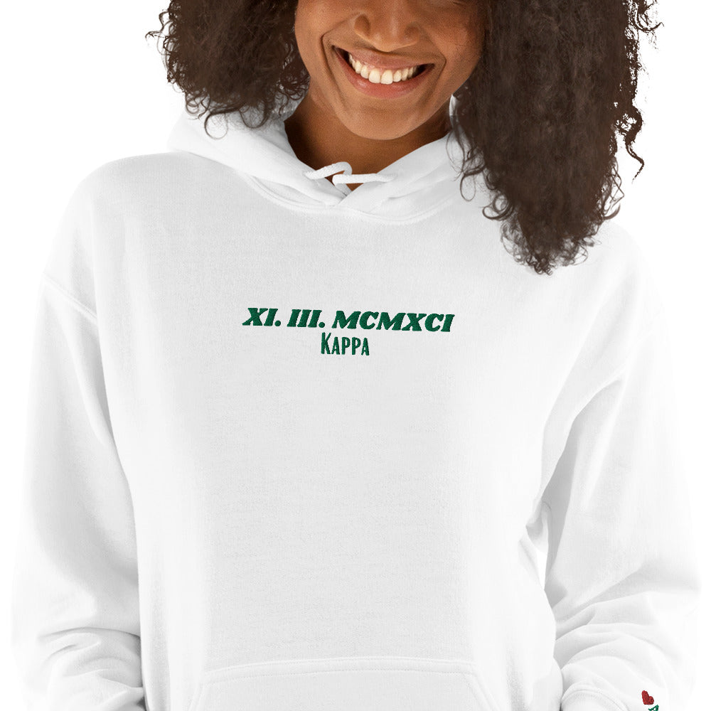 Alpha Kappa Alpha Embroidered Unisex Hoodie w/ crossing date and greek letters on wrist