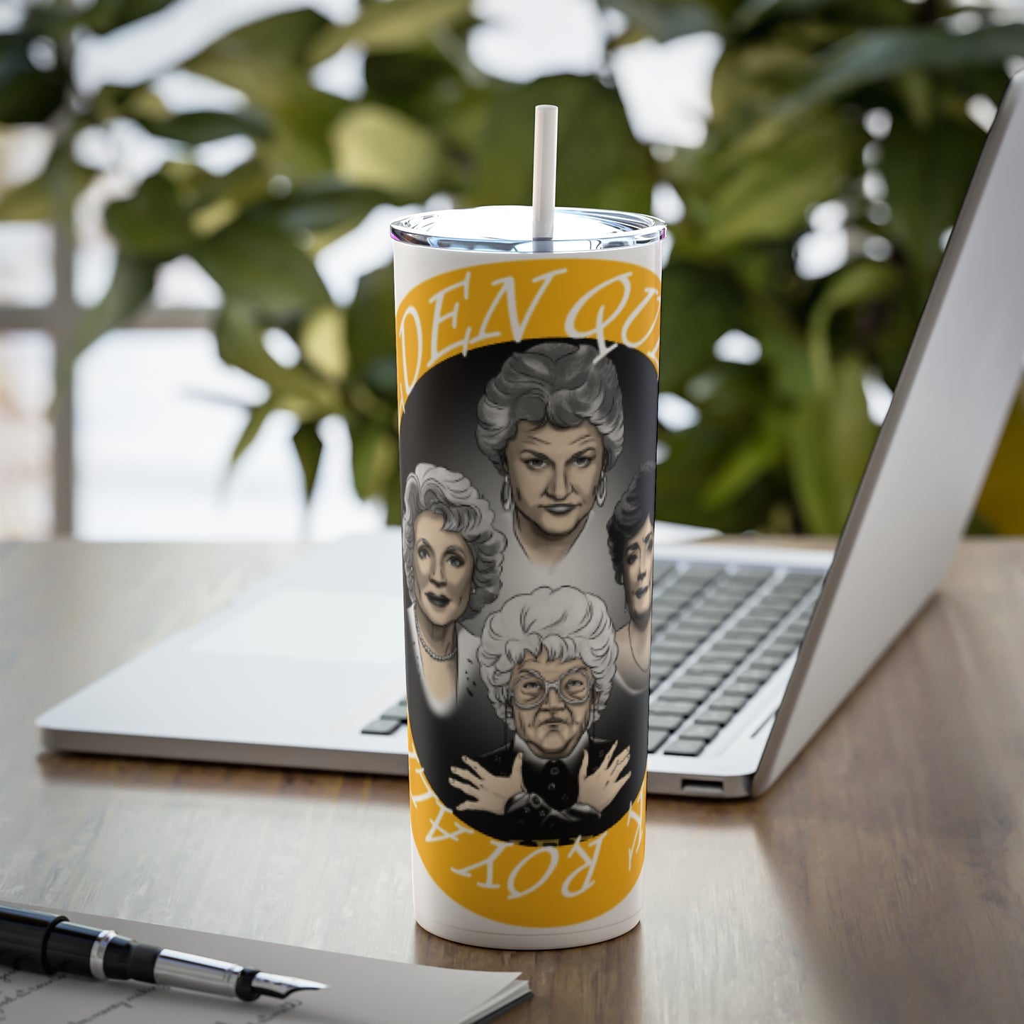 Golden Queen Skinny Steel Tumbler with Straw, 20oz