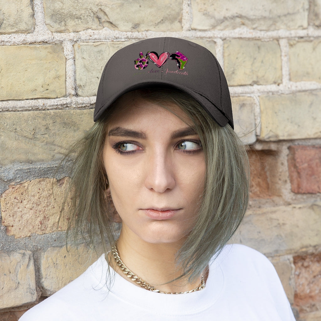 Peace Love Juneteenth Embroidered Cap Twill Hat (Pink)