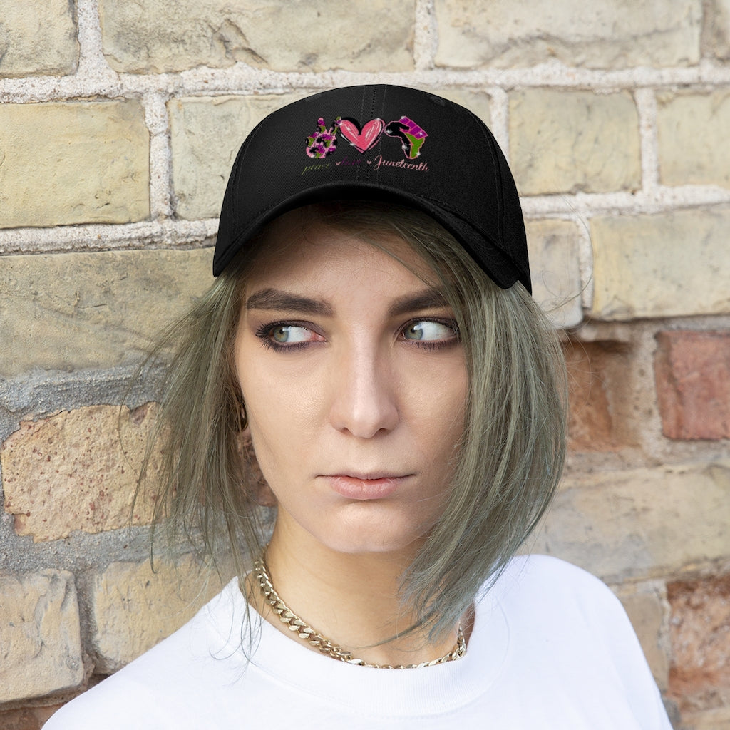 Peace Love Juneteenth Embroidered Cap Twill Hat (Pink)