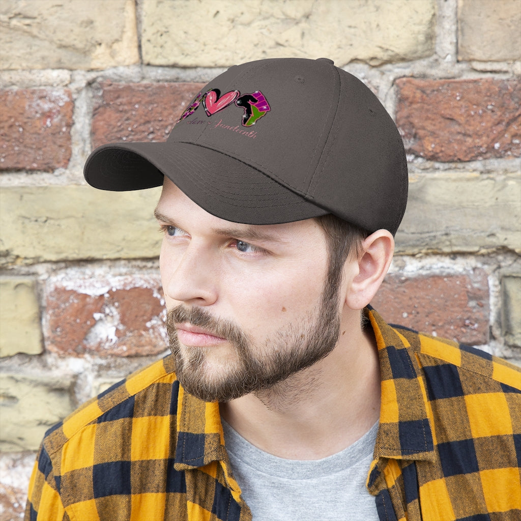 Peace Love Juneteenth Embroidered Cap Twill Hat (Pink)