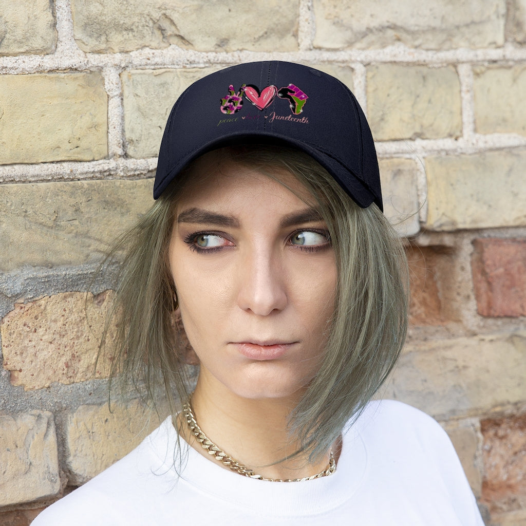 Peace Love Juneteenth Embroidered Cap Twill Hat (Pink)