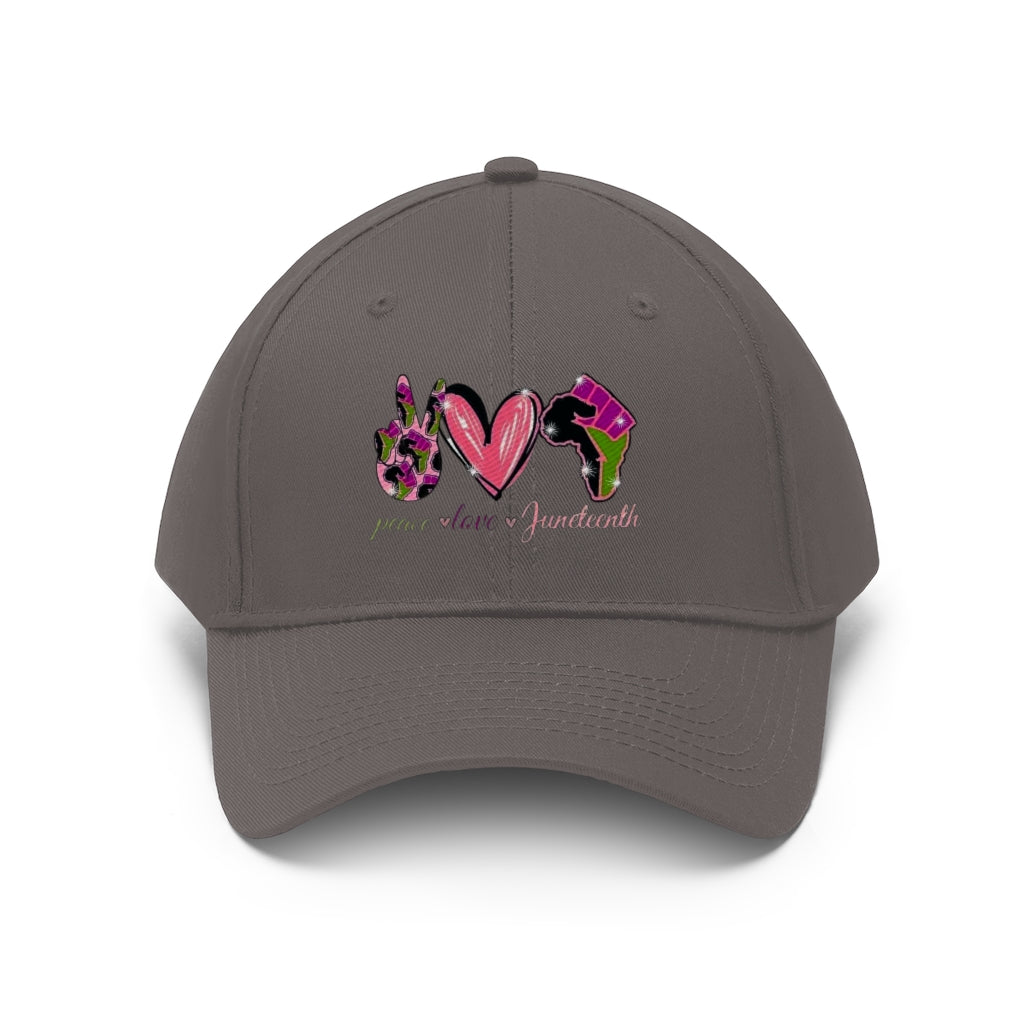 Peace Love Juneteenth Embroidered Cap Twill Hat (Pink)