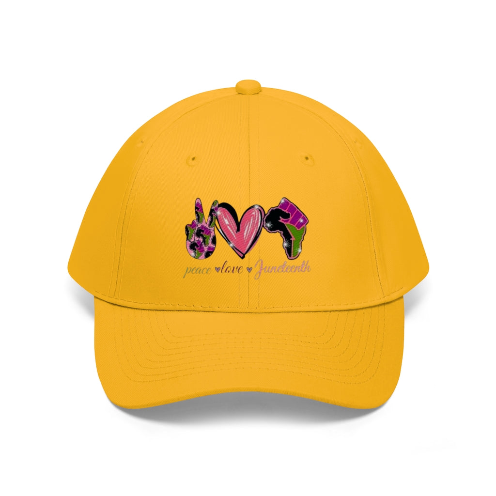 Peace Love Juneteenth Embroidered Cap Twill Hat (Pink)