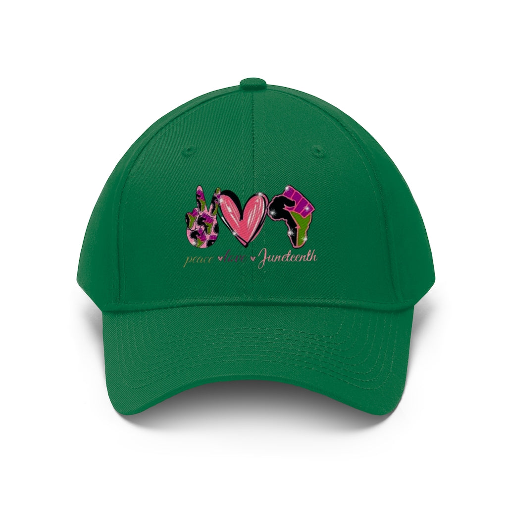 Peace Love Juneteenth Embroidered Cap Twill Hat (Pink)