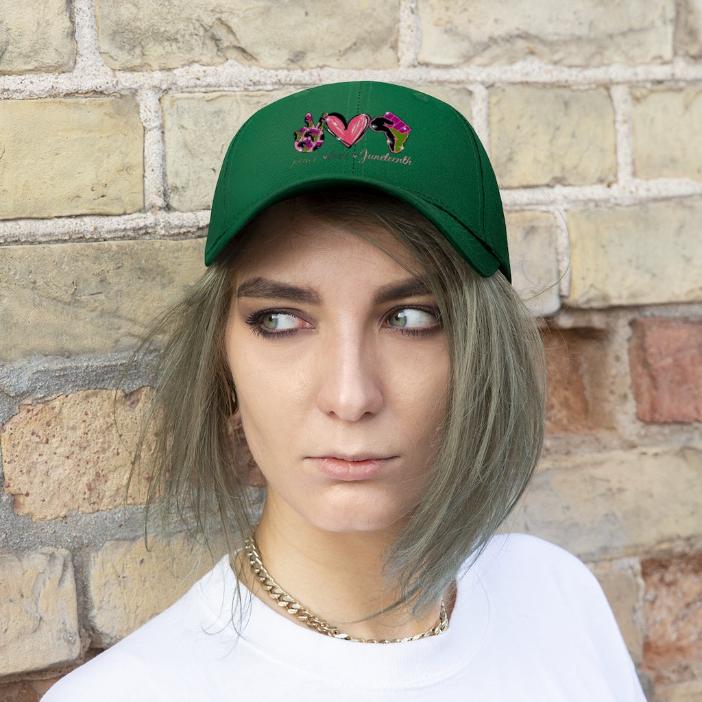 Peace Love Juneteenth Embroidered Cap Twill Hat (Pink)