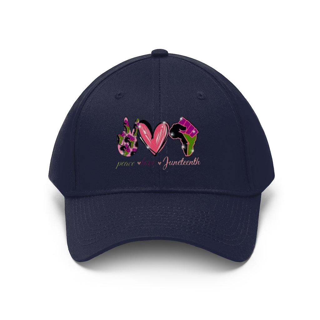 Peace Love Juneteenth Embroidered Cap Twill Hat (Pink)